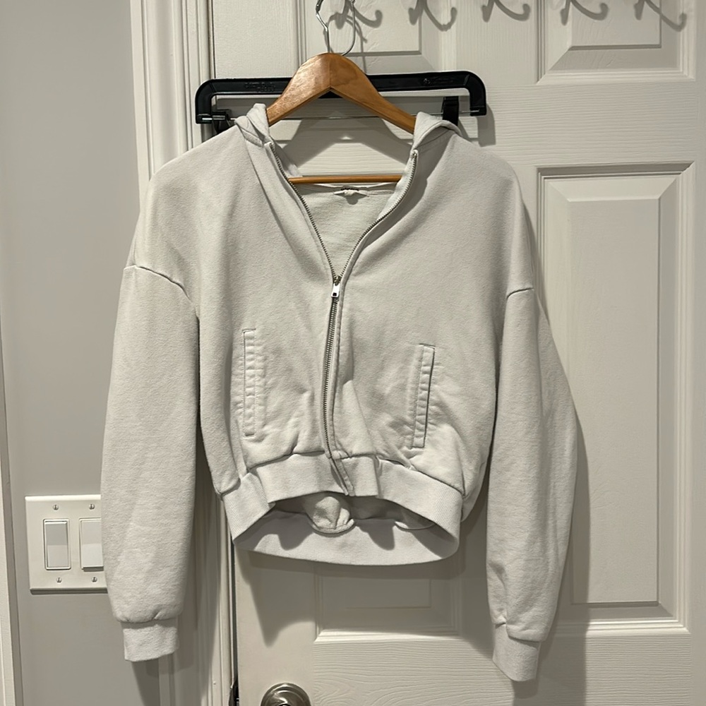 Garage Cropped White Zip Up Hoodie (Sweatshirt)